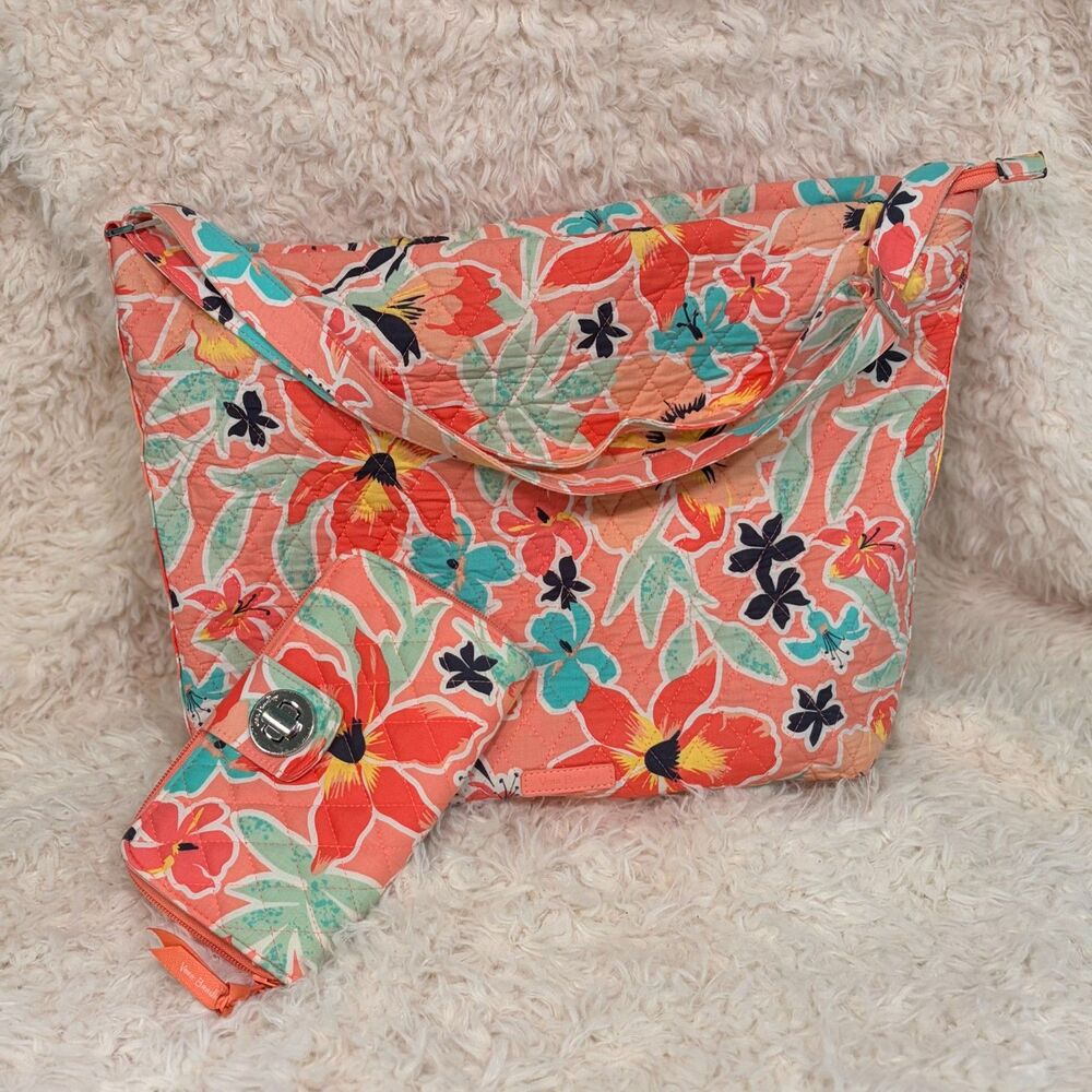 Vera Bradley Rain Forest Lily Coral Crossbody Bag & Turnlock Wallet Bundle Set